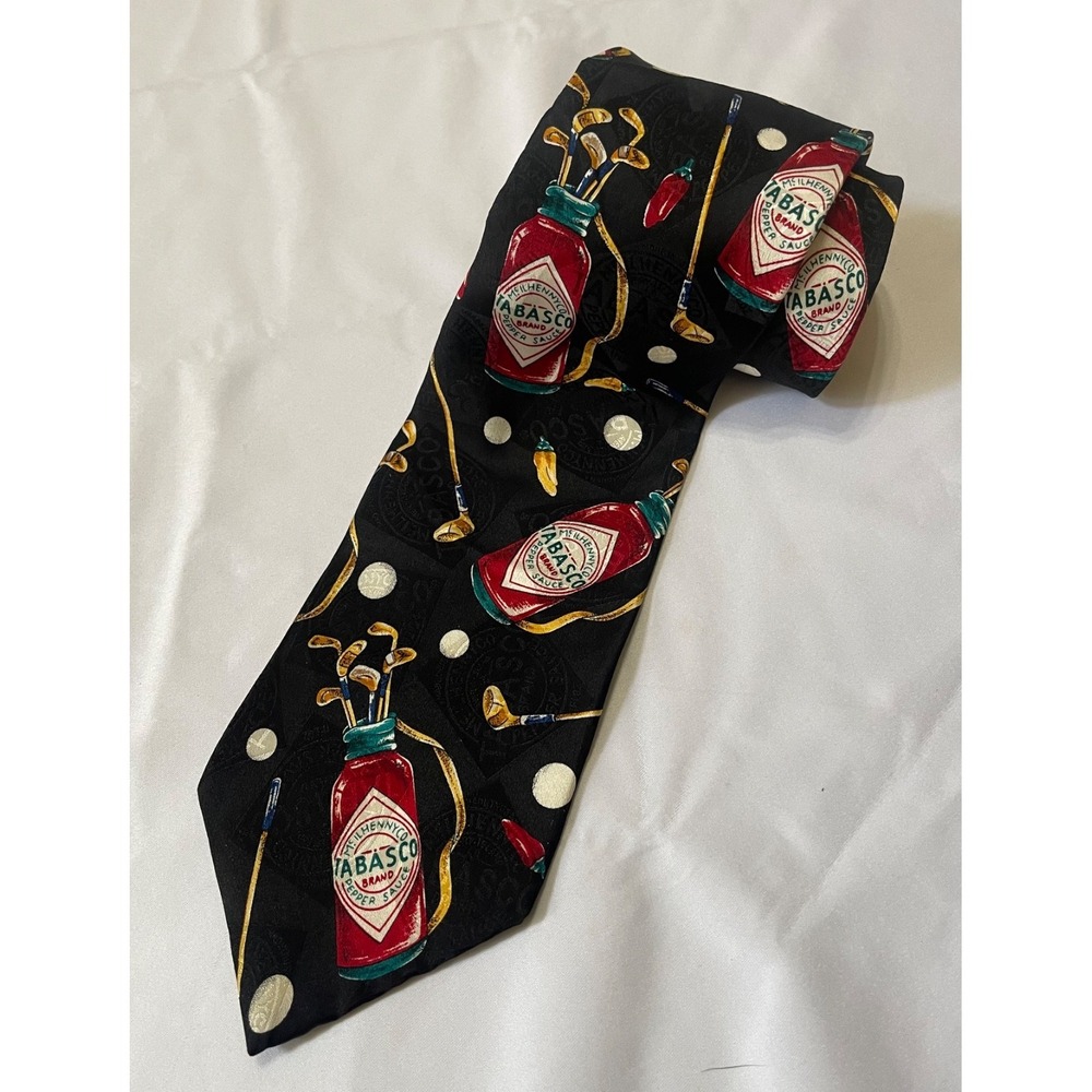 Vintage Tabasco Neck Tie Golf Clubs Balls Theme Multi-Colored 100% Silk USA‎
